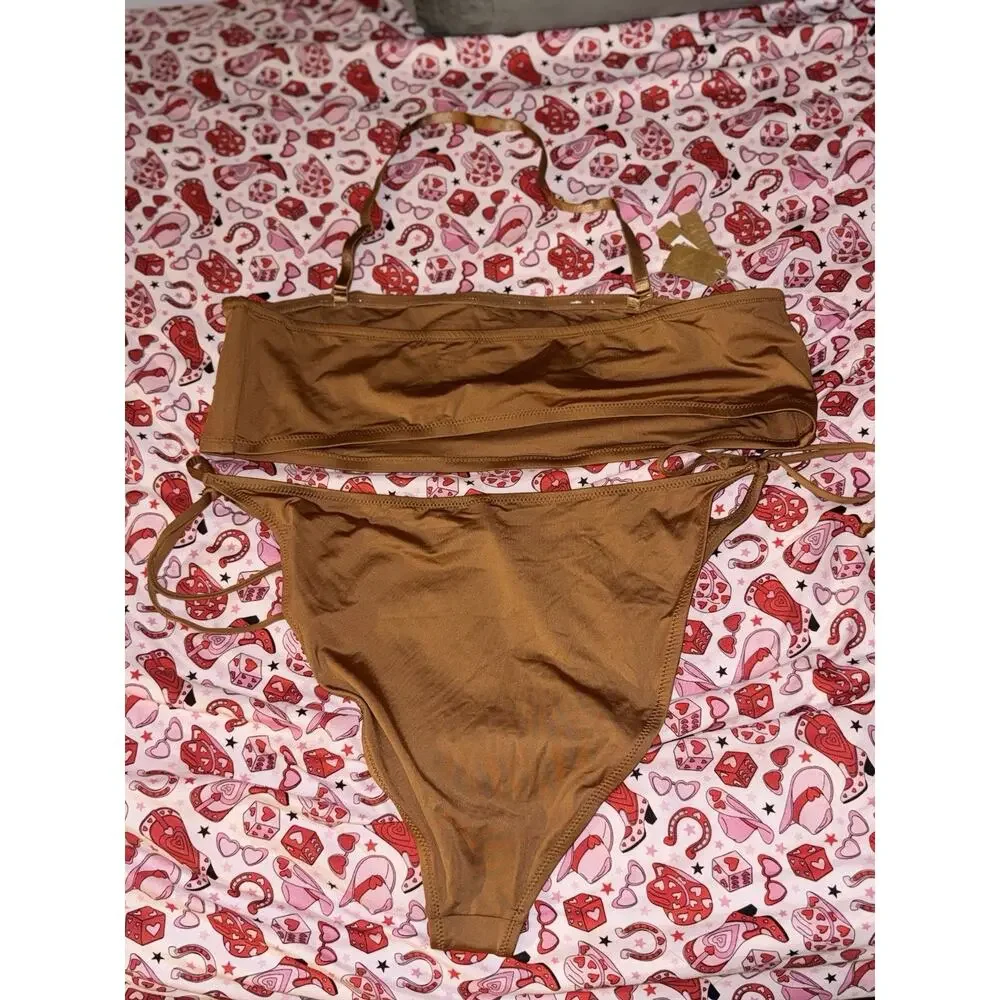 SKIMS Size 4X Bandeau Top + Bikini Bottom Set Almond Women’s Swim NWT